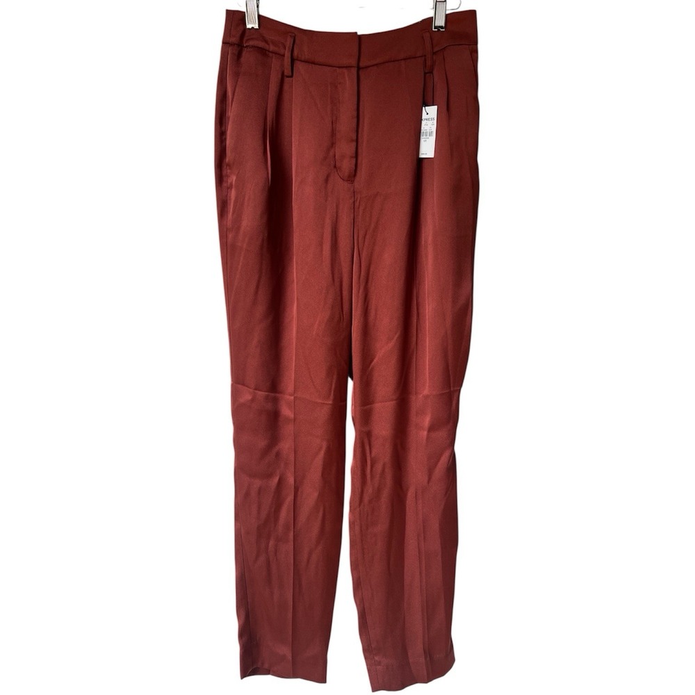 Express Satin Pants Womens 6R Rust High Rise Straight Leg Pleated Ankle Crop‎